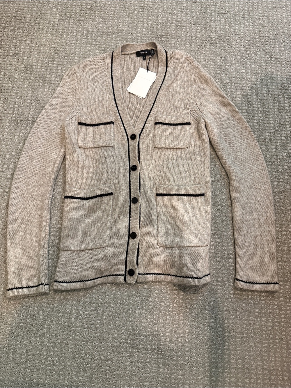Theory Taupe Contrast Cardigan with Black Piping